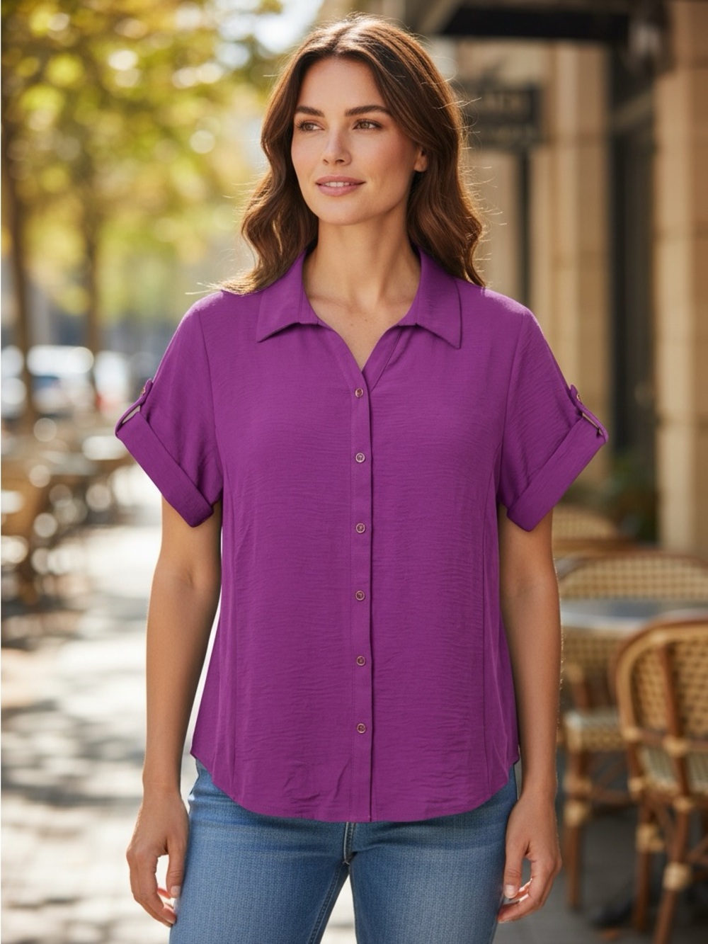 Ashley Blue Purple Button-Front Collared Short-Sleeve Top